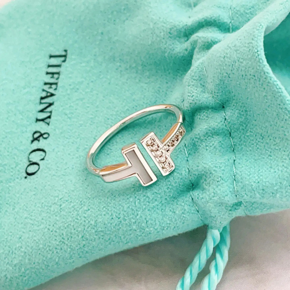 Tiffany & Co. Silver White Mother-of-Pearl Diamond Double T Ring